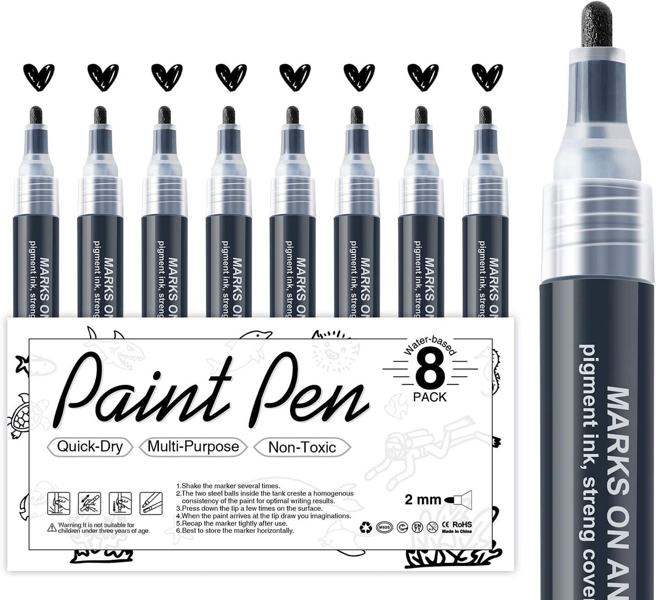White Paint Pen for Art - 8Pack Acrylic White Paint Marker for